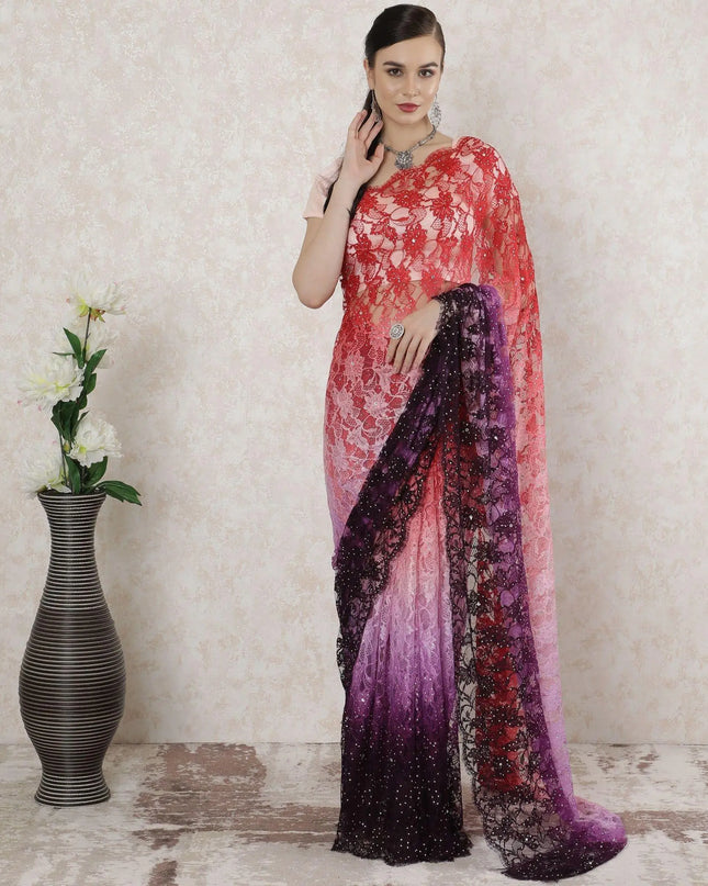 Multicolor Premium pure French chantilly lace saree having stone work in floral design-D14520 Regal Fabrics