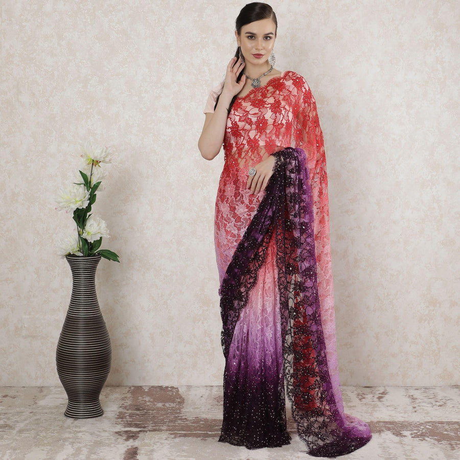 Multicolor Premium pure French chantilly lace saree having stone work in floral design-D14520