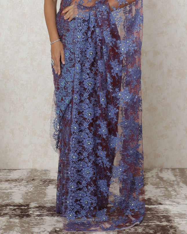 Burgundy, blue premium two tone French chantilly saree lace having stone work in floral design-D12547