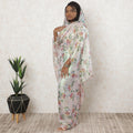 Light rose pink premium pure silk chiffon thobe with multicolor print having neon green metallic lurex in floral design-D11633 Regal Fabrics