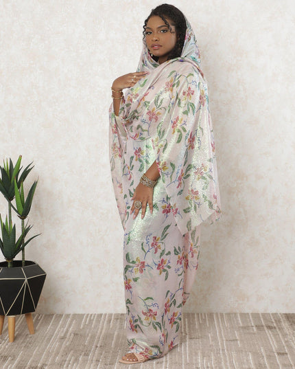 Light rose pink premium pure silk chiffon thobe with multicolor print having neon green metallic lurex in floral design-D11633 Regal Fabrics