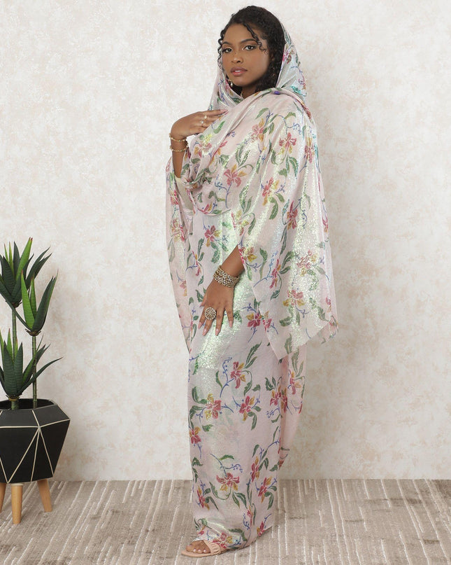 Light rose pink premium pure silk chiffon thobe with multicolor print having neon green metallic lurex in floral design-D11633