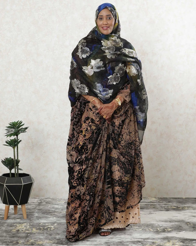 Multicolor premium pure silk chiffon garbasaar with grey and gold metallic lurex in floral design-D9547 Regal Fabrics