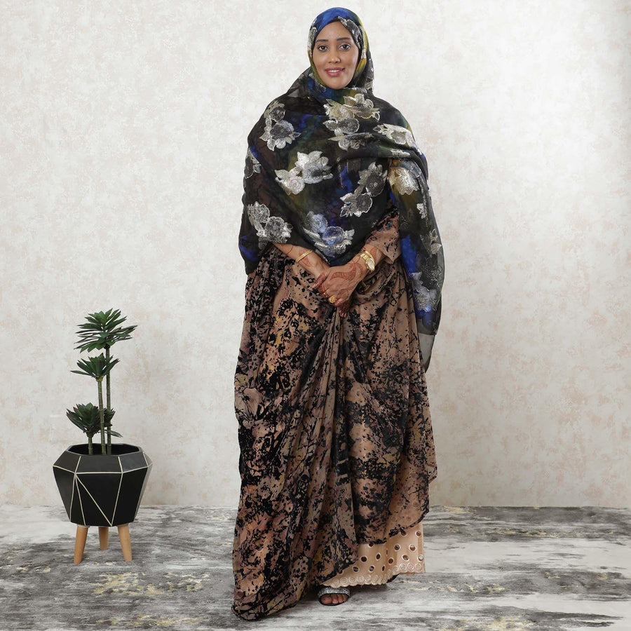 Multicolor premium pure silk chiffon garbasaar with grey and gold metallic lurex in floral design-D9547