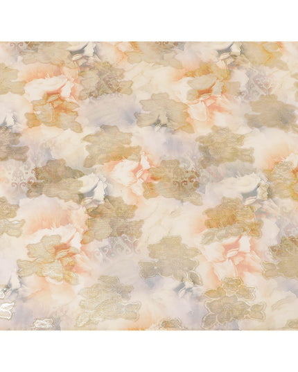 Melon orange synthetic chiffon fabric with same tone and royal orange print having gold metallic lurex in floral design-D7005 Regal Fabrics