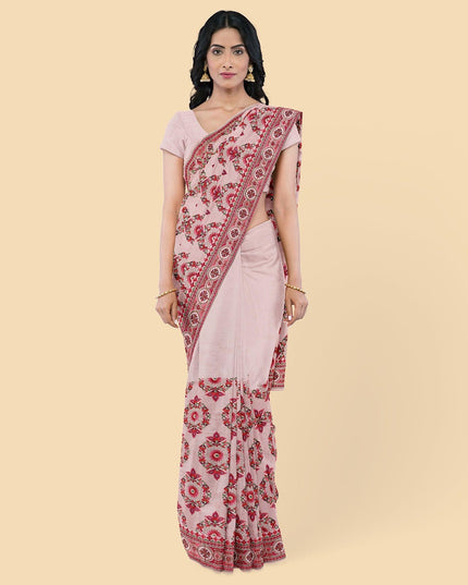 Bubble gum pink synthetic georgette saree with multi colour embroidery & stones in fancy design. Blouse piece in same colour-D12746