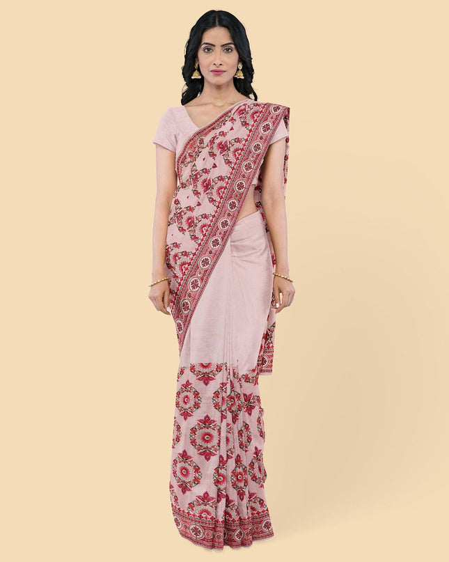 ساري جورجيت صناعي وردي اللون مع تطريز وأحجار متعددة الألوان بتصميم فاخر. قطعة بلوزة بنفس اللون-D12746