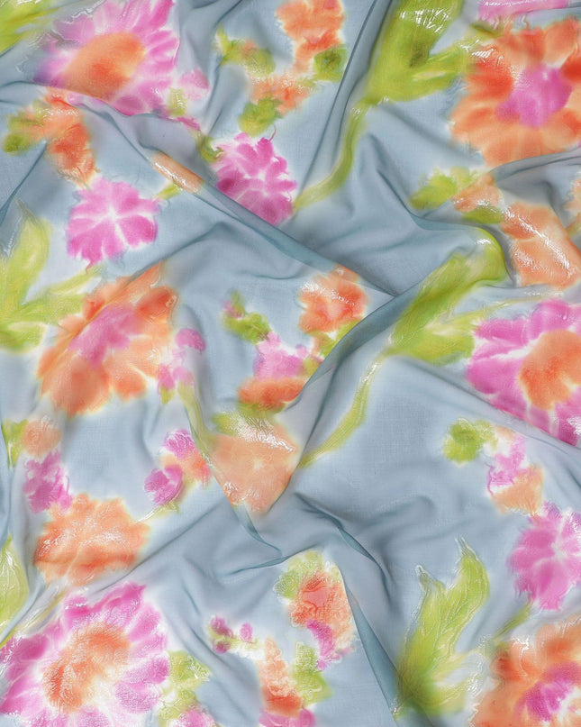 شيفون من الحرير الخالص مطبوع يدويًا بلون رمادي فلينت مع لوريكس معدني ذهبي ومطبوعات متعددة الألوان بتصميم الأزهار-D11390