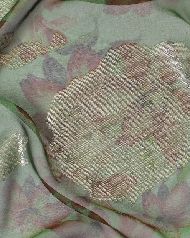 قماش شيفون من الحرير الخالص الفاخر باللون الأخضر الغابة مع طباعة بنية اللون مع لوريكس معدني ذهبي بتصميم زهور-D10782