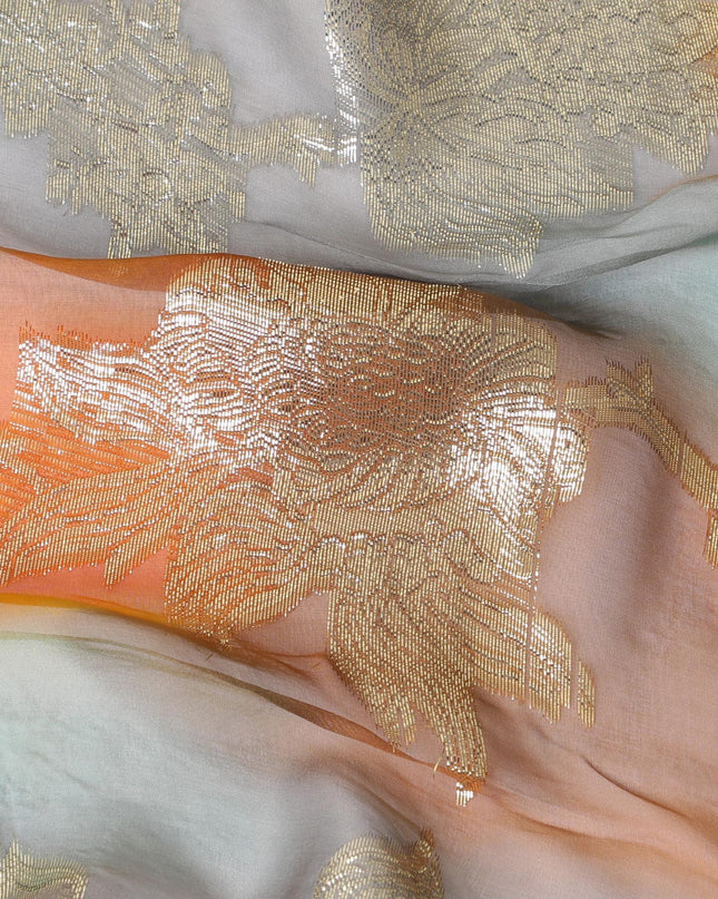 قماش شيفون حريري فرنسي (فرنساوي) فاخر متعدد الألوان مع لوركس معدني ذهبي بتصميم زهور-D14002