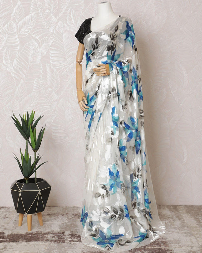 White Premium pure silk chiffon Saree with same tone jacquard, multicolor hand paint having stone work in floral design-D15494