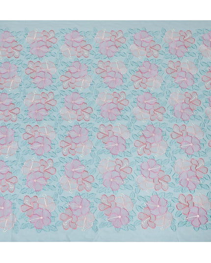 Baby blue Premium pure cotton voile fabric with same tone, beige, salmon pink and peach embroidery in floral design-D15247