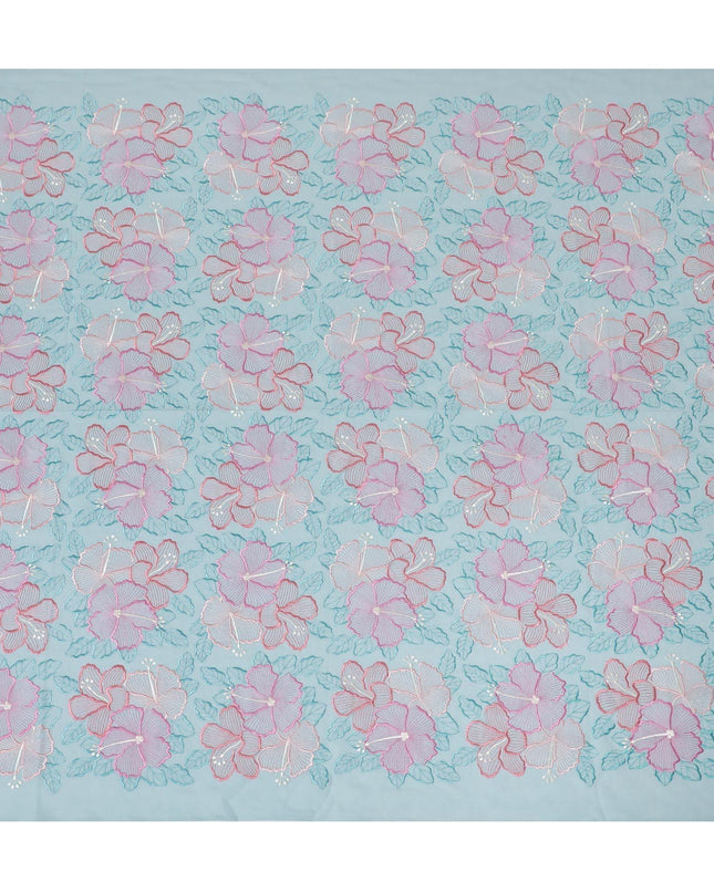 Baby blue Premium pure cotton voile fabric with same tone, beige, salmon pink and peach embroidery in floral design-D15247