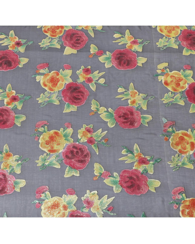 قماش شيفون حريري نقي فاخر باللون الأزرق الداكن مع لوركس معدني متعدد الألوان بتصميم زهور -D10780