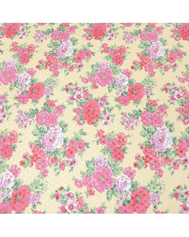 Blonde yellow Swiss cotton voile fabric with olive green, hot pink and ruby red floral print having clip cord design-D6777