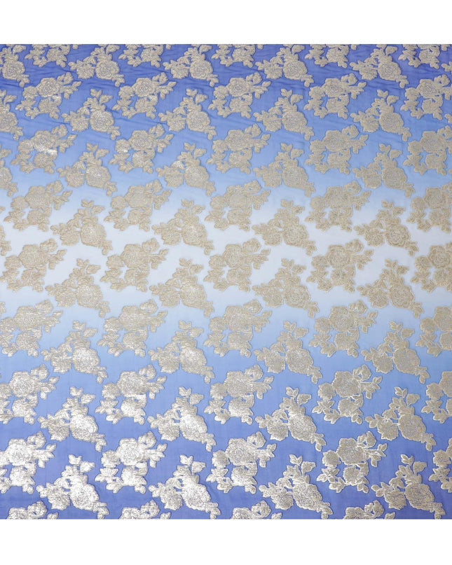 قماش شيفون حريري خالص فاخر من الأزرق الملكي إلى الأزرق الفاتح مع لوركس معدني ذهبي بتصميم زهور-D10616