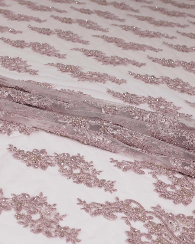 Crepe pink nylon tulle fabric with same tone embroidery, pearls, beads and sequins in floral design-D6673 Regal Fabrics