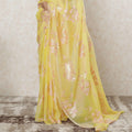 Sun flower yellow Premium pure French silk chiffon saree with baby pink viscose and gold metallic lurex in floral design-D12577