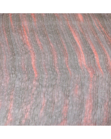 Black pure silk chiffon fabric with brick red print having gold metallic lurex in stripe design-D8974