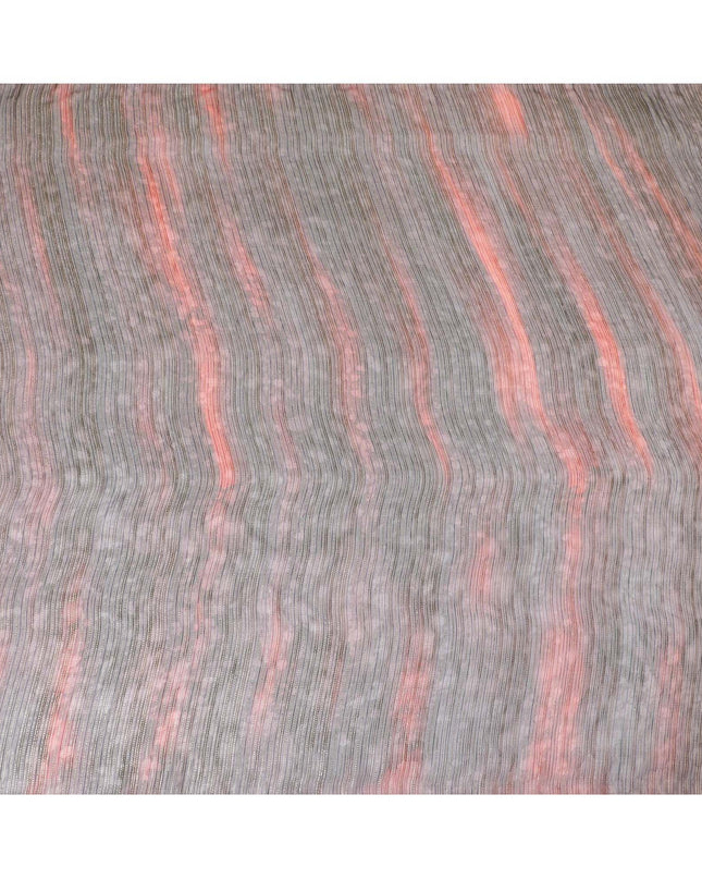 Black pure silk chiffon fabric with brick red print having gold metallic lurex in stripe design-D8974