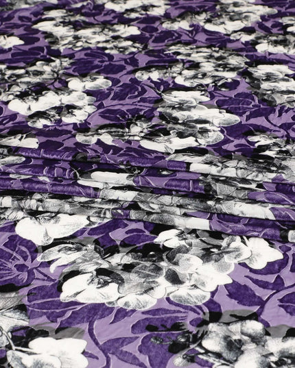 Purple Premium Italian silk chiffon dirac (makmal) fabric with black and white print having same tone velvet jacquard in floral design-D8686 Regal Fabrics