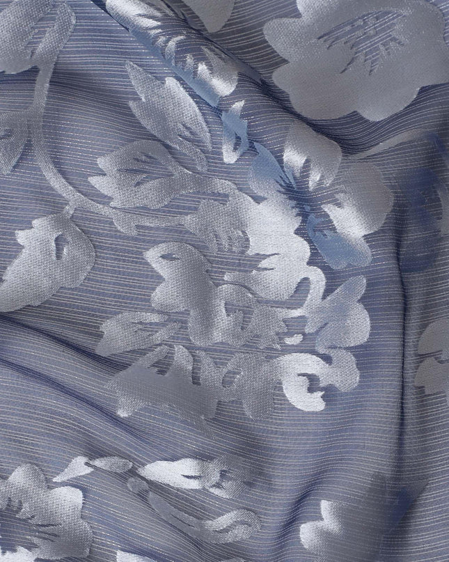 قماش شيفون من الحرير الخالص Premim باللون الأزرق الداكن مع جاكار فضي بتصميم زهور-D15321