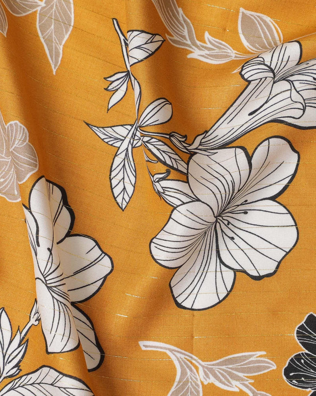 Mustard viscose printed fabric with multi colour prints in floral design-D11161 Regal Fabrics