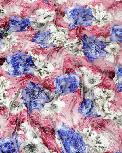 Beige, Ruby red Italian Premium silk chiffon dirac (makmal) fabric with multicolor print and velvet jacquard in floral design -D8660