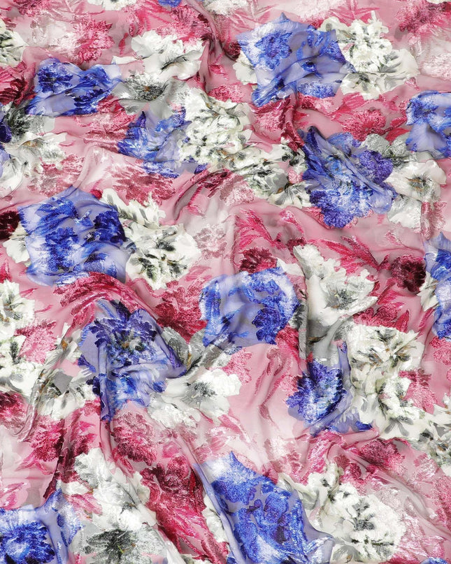 Beige, Ruby red Italian Premium silk chiffon dirac (makmal) fabric with multicolor print and velvet jacquard in floral design -D8660