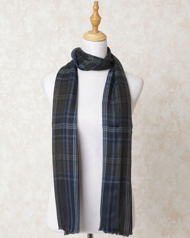 Dark olive, baby blue, sand brown poly wool weaved scarf in checks design-D10698 Regal Fabrics
