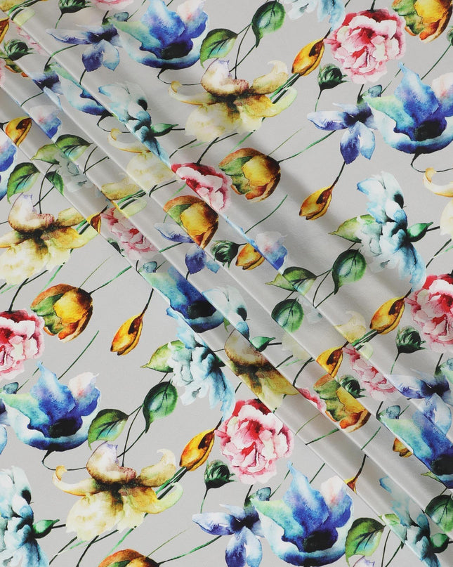 قماش كريب صناعي باللون الرمادي السحابي مع طباعة متعددة الألوان بتصميم الأزهار-D14463