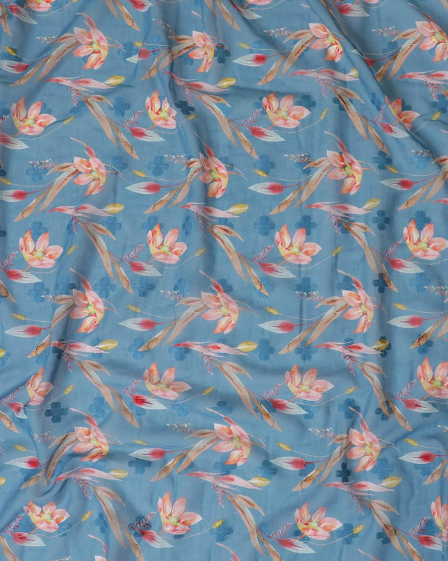 Turkish blue cotton voile fabric with same tone clipcord having multicolor print in floral design-D9061 Regal Fabrics