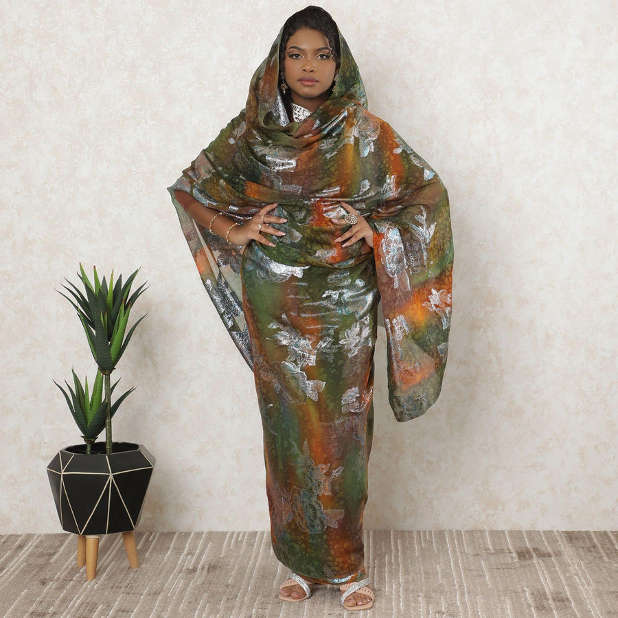 Multicolor Premium pure silk chiffon thobe with same tone metallic lurex in floral design-D11644