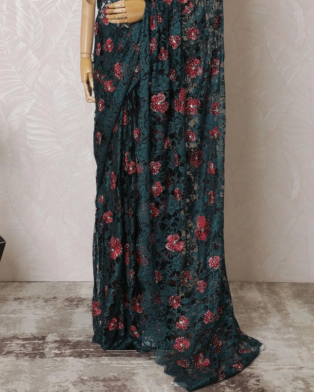 Petrol blue, black Premium pure French two tone chantilly lace saree with crimson red, gold embroidery having stone work in floral design-D15543 Regal Fabrics