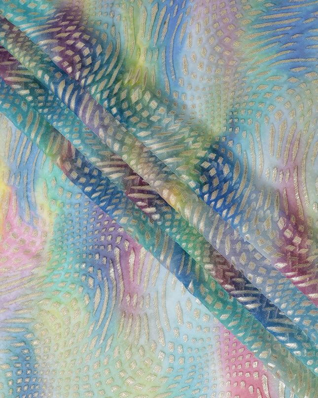 قماش شيفون حريري نقي ممتاز متعدد الألوان مع لوركس معدني ذهبي وفضي بتصميم تجريدي-D12429