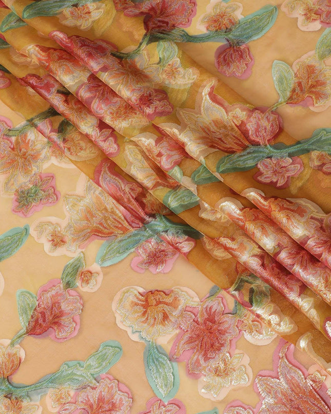 قماش شيفون حرير خالص فاخر باللون البني الخردل مع طباعة يدوية متعددة الألوان ولوريكس معدني بتصميم زهور-D10424