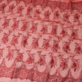 Rose red synthetic organza fabric with same shade embroidery in fancy design