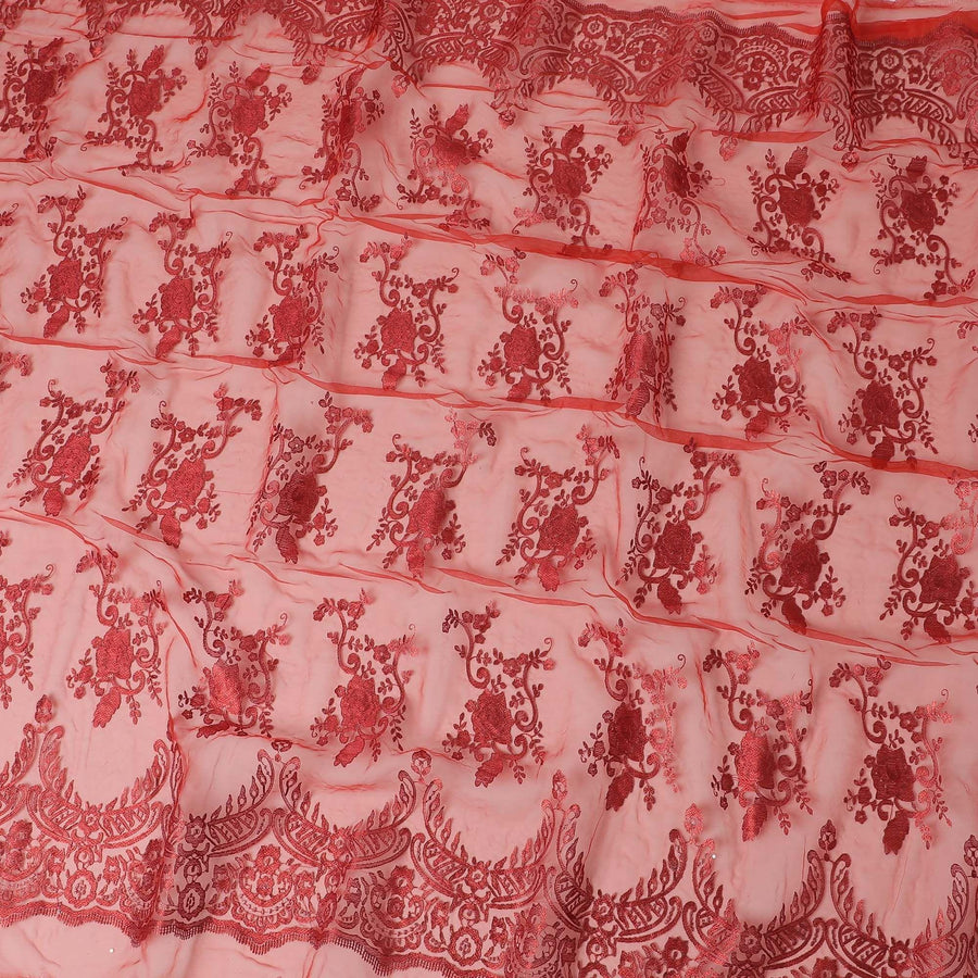 Rose red synthetic organza fabric with same shade embroidery in fancy design