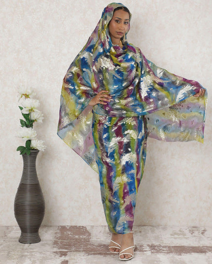 Multicolor Premium pure silk chiffon thobe with gold metallic lurex in floral design-D14350 Regal Fabrics