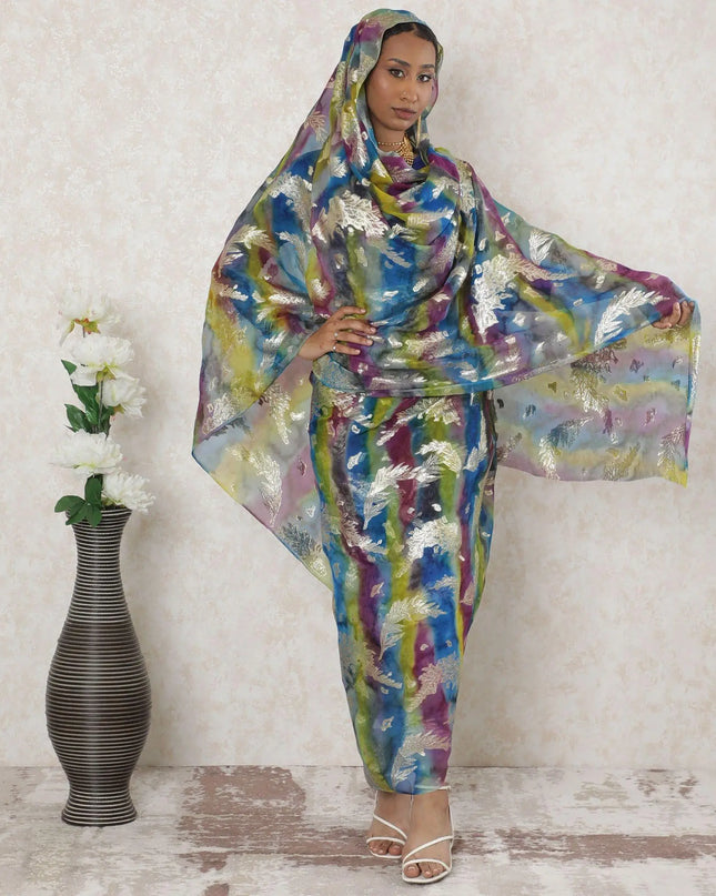 Multicolor Premium pure silk chiffon thobe with gold metallic lurex in floral design-D14350 Regal Fabrics