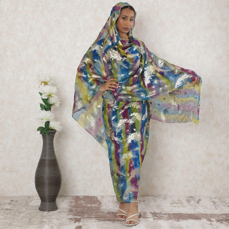 Multicolor Premium pure silk chiffon thobe with gold metallic lurex in floral design-D14350 Regal Fabrics