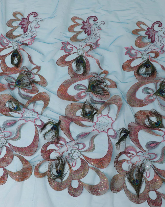 Blue nylon tulle fabric with multi color embroidery and 3D peacock feather in abstract design