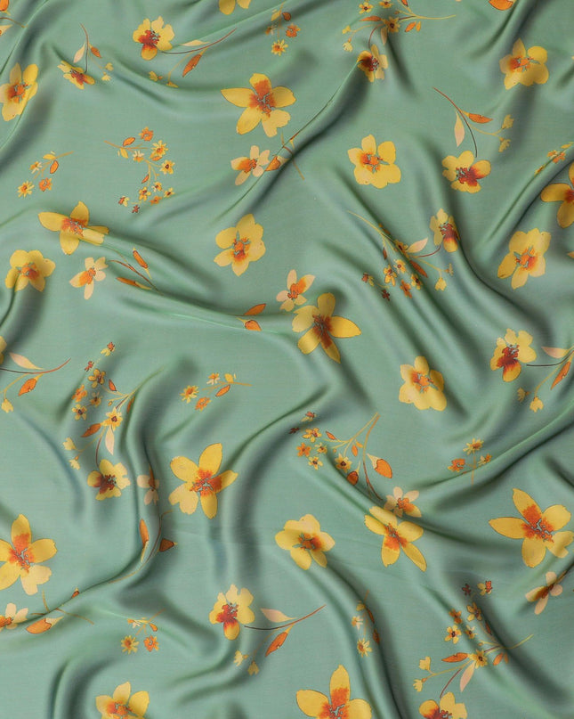 Fern green Premium pure silk chiffon fabric with multicolor print in floral design-D14664