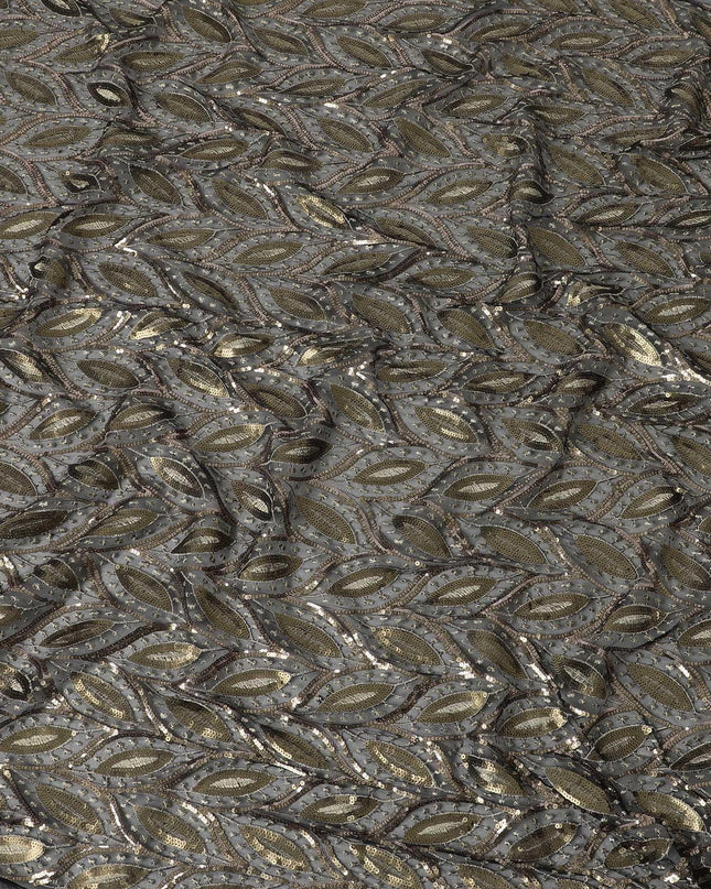 Black nylon tulle fabric with Copper, gold sequins and gold metallic embroidery inf leaf design