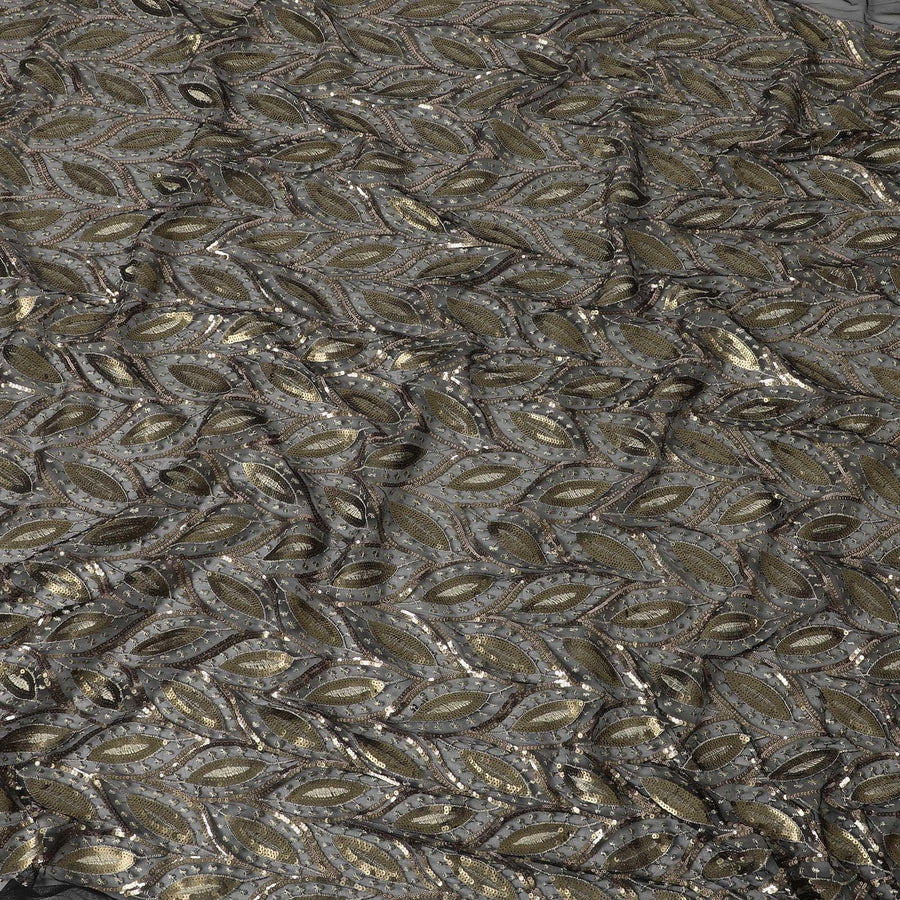 Black nylon tulle fabric with Copper, gold sequins and gold metallic embroidery inf leaf design