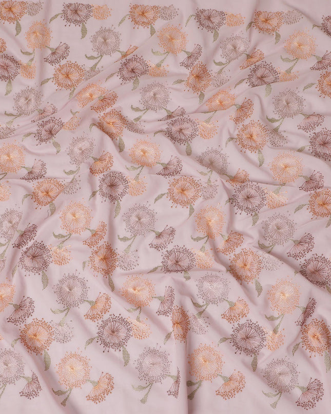 Light pink cotton voile fabric with same tone, sage green and peach embroidery in floral design-D14468