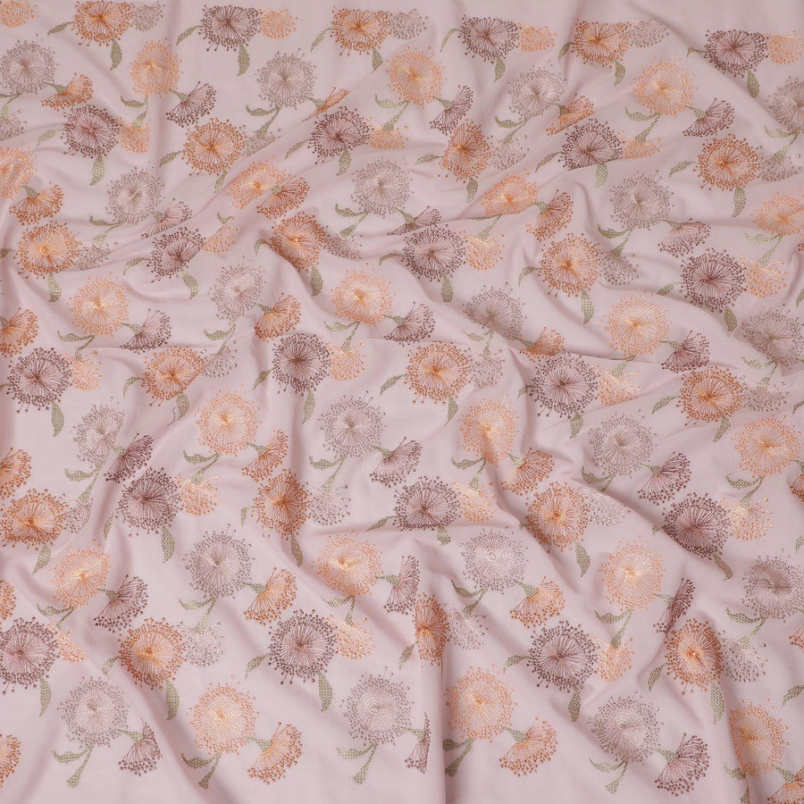 Light pink cotton voile fabric with same tone, sage green and peach embroidery in floral design-D14468