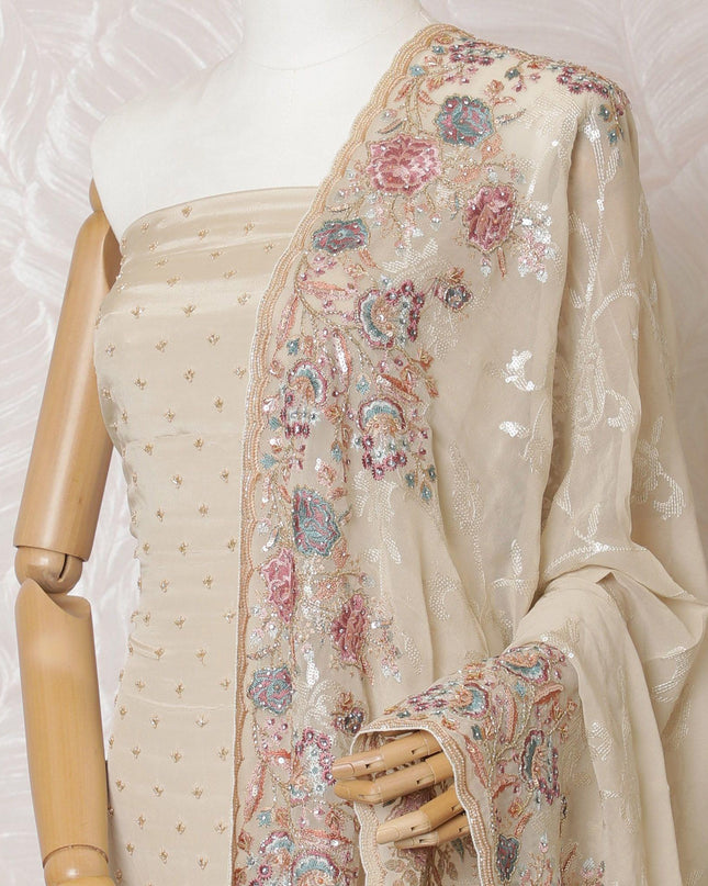 Beige Premium pure silk crepe kameez with multicolor embroidery, bead work, sequin work in floral design. Beige Plain salwar with same tone georgette dupatta having multicolor embroidery and bead work-D15572