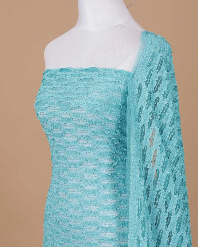 Sky blue nylon tulle fabric with same tone fancy embroidery having sequins in stripe design-D9198 Regal Fabrics