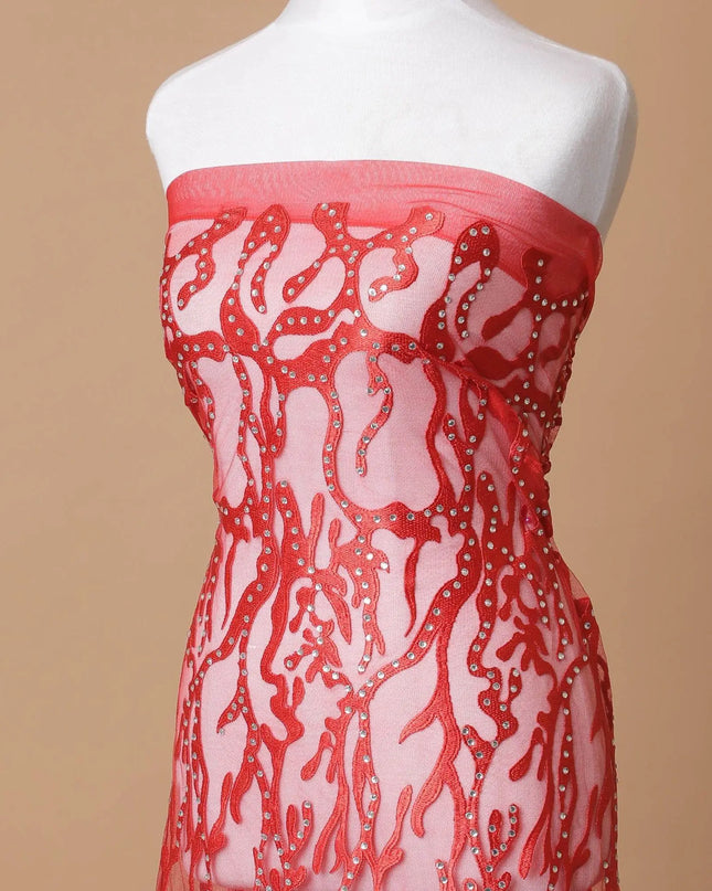 Crimson red nylon tulle fabric with same tone embroidery having stone work in fancy design-D7734 Regal Fabrics